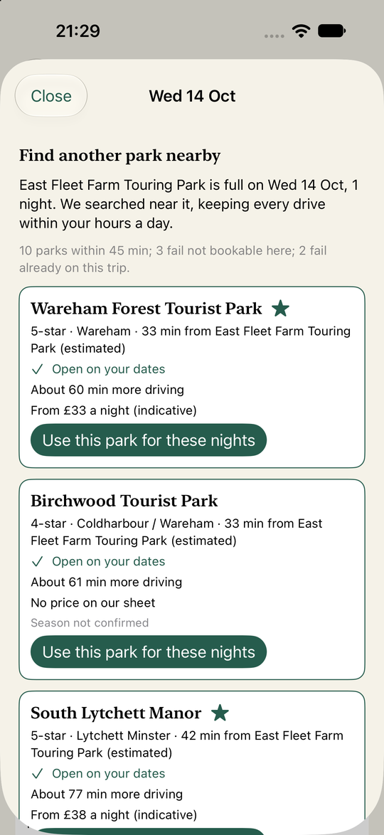 Wildbound Planner screenshot: Find another park nearby