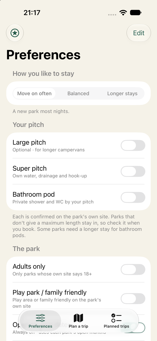Wildbound Planner screenshot: Preferences that matter