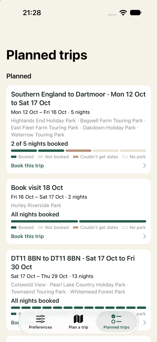 Wildbound Planner screenshot: Planned trips